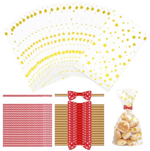 TAIHOBO Cellophane Sweet Bags Empty, 12.8×21cm 3D Clear Cellophane Bags Small, 100PCS OPP Gold Star Clear Gift Cookie Bags for Biscuits Sweets Bread Children's Birthday Parties