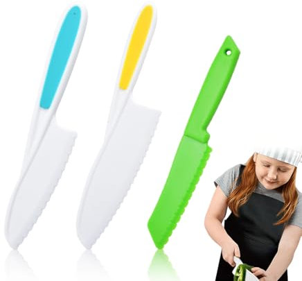 QOWIJEX Lot de 3 Couteau Enfant Plastique Couteau Qui ne Coupe pas les Doigts Enfant pour Couper et Cuire Des Fruits Ou Légumes Jeunes pour les Anniversaires et Noël