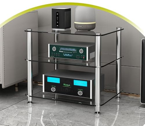 HAEKEBC 4-stöckiger Medienständer Aus Glas HiFi-Racks AV-Komponentenschrank Stereo-Rack Mit Regal Aus Gehärtetem Glas, Offene Medienablageregale Stereoschrank(56cm-22in)