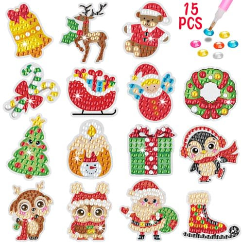 Acuiwer Diamond Painting Kinder DIY Diamant Aufkleber Kit Diamantmalerei für Kinder Geburtstags Geschenk für Jungen Mädchen (New-Xmas-15 stk)