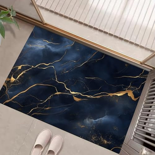 COSKTIARL Abstrakt Home Fußmatte - Türmatte für Innen und Aussen - Fussmatte - Sauberlaufmatte rutschfest - Fußabtreter Haustür - Dunkelblauer und goldfarbener rissiger Marmor Design 80x120cm