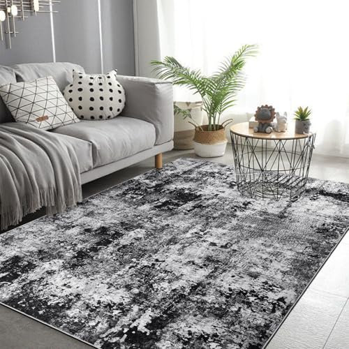 Capslpad Schwarz Abstraktes Teppich Wohnzimmer 120x180cm rutschfest Kurzflor Kunstwolle Schlafzimmer Teppich Waschbar Minimalistisch Bettvorleger Teppiche für Wohnzimmer Schlafzimmer Büro Bereich