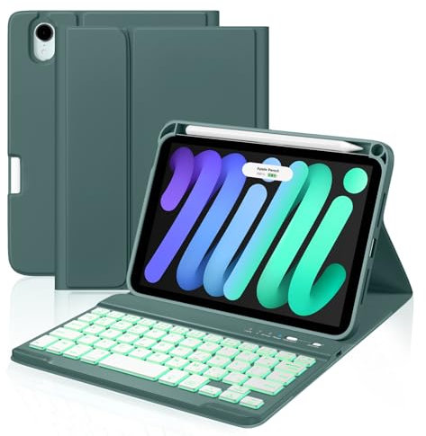 Cousper for iPad Mini 7 Keyboard Case A17 Pro 2024/iPad Mini 6 Generation Case with Keyboard 2021 8.3 Inch, Pencil Holder, 7 Color Backlit Detachable Keyboard Cover for iPad Mini 7th/6th Gen,Pinegreen