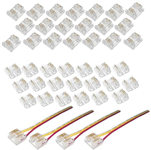 ENQIMAOYI 44 Stück 3-polige COB LED Strip Light Connector Kit 3-polig 10 mm/0,39 Zoll Stecker ohne Löten, LED-Anschluss 4 Stück + Kabeldraht für COB LED Strip Lights