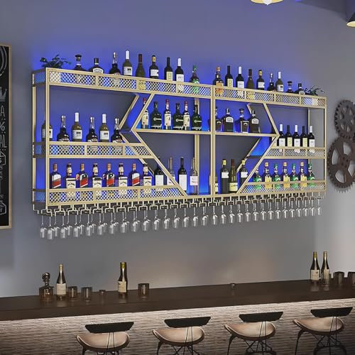 Porte Bouteille Mural,Grand Casier À Bouteilles en Fer avec Lumière LED,Étagère Verticale Industrielle pour Le Rangement De Meuble Alcool,Range Bouteille,Gold-300cm