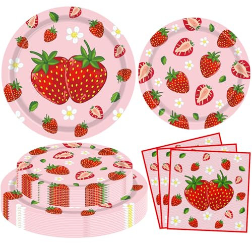 120PCS Service de table sur le thème de la fraise Accessoires de fête d'anniversaire à la fraise Décoration de baies Décorations de fête d'anniversaire sur le thème des fruits Assiettes rose sucrées