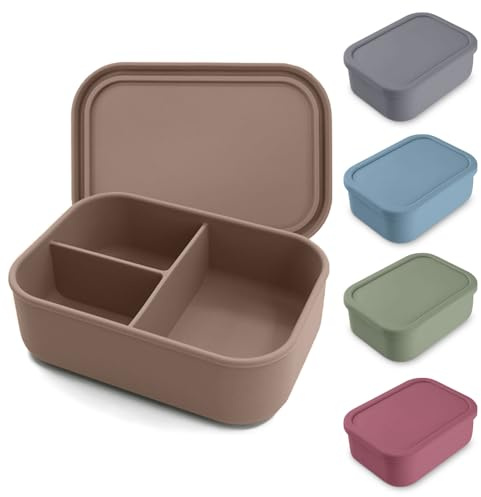 Chingcoo Contenitore per il pranzo con scomparti, in silicone, 800 ml, senza BPA, adatto al microonde, lavabile in lavastoviglie, per bambini con 3 scomparti, grigio chiaro/beige