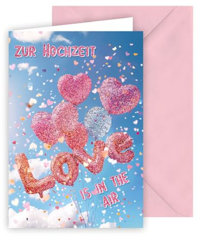 KE - Farbenfrohe Glückwunschkarte zur Hochzeit, DIN B6, Druckkarte aus Karton mit Glitzer inkl. Umschlag, Motiv: Luftballons mit Konfetti - Love is in the Air
