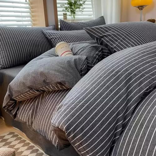 Nesture Bettwäsche 135x200 Baumwolle Gestreift Grau - Bettwäsche-Sets 2teilig Weich, 100% Gewaschene Baumwoll, Enthält 1 Bettbezug 135 x 200cm und 1 Kissenbezug 80x80 mit Reißverschluss