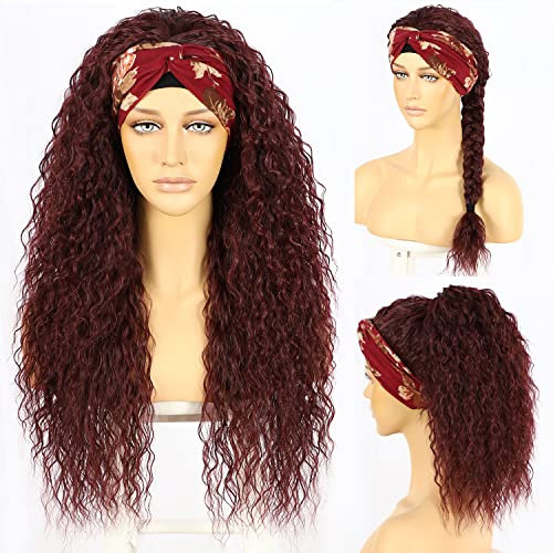 SOMIARIK Perruque de cheveux synthétiques longs bouclés pour femme noire, bordeaux, bordeaux, sans colle, sans dentelle, fabriquée à la machine, densité de 130 %, 66 cm