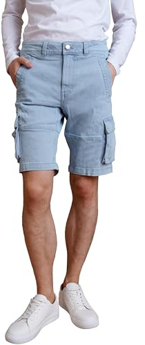Enorsia Mens Blue Denim Cargo Shorts – Stretch Vintage Wash Jean Shorts with Multiple Pockets, Button & Zip Fly, Belt Loops – Casual Summer Workwear (40, Light Blue)