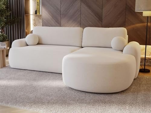 GRAINGOLD Aurio Ecksofa mit Schlaffunktion & Bettkasten 261x177 cm, L-Form Sofa mit Stauraum, Schlafcouch für Wohnzimmer, Bouclé-Stoff, 3-Sitzer Eckcouch, Modernes Design (Weiß, Rechts)