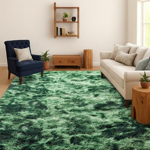 SOANNY Rugs Living Room, Soft Fluffy Tie-Dye Carpet Dark Green, 160x230cm | Machine Washable, Non Slip, Area Mat, Bedroom Dorm Office Lounge Playroom Nursery Bedside Sofa Kids Room Home Decor Entryway