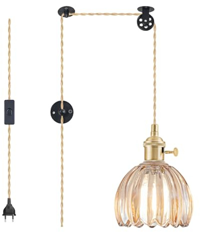 Plug-In-Hängelampe, Hängeleuchte, Vintage-Glas-Pendelleuchte, Mini-Bernstein-Tulpen-Hängelampe Wohnzimmer, Hängeleuchte Geeignet für Kücheninsel, Esszimmer, Wohnzimmer, Leuchtmittel Nicht Enthalten