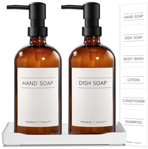 VIMERPA Hand Soap Dispenser,500ml Brown Glass Soap Dispensers, Washing Up Liquid Dispenser, Amber Glass Soap Dispensers With Tray(Amber,2 Pack)