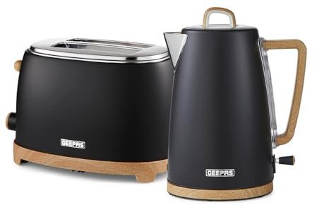 GEEPAS NordiQ 2 Slice Toaster & 1.7L Electric Kettle Kitchen Combo Set | Matte Finish with Wood Accents | 850W 6 Browning Levels Defrost Reheat & Cancel | 3000W Rapid Boil Cordless Jug Kettle | Black