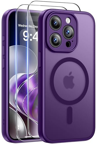 Qasyfanc Custodia magnetica e traslucida, compatibile con iPhone 15 Pro Max, compatibile con MagSafe con 2 pellicole protettive, PC rigido ai graffi, opaca, colore: viola scuro