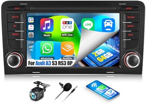 OiLiehu 2G+64G Android 15 Radio para Audi A3 S3 RS3 8P 2003-2012 CarPlay Android Auto Pantalla 7 Pulgadas con Bluetooth GPS WiFi Mirror Link FM RDS EQ SWC Cámara de Visión Trasera