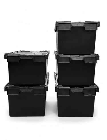 Solent Plastics Pack of 5 Boxes x Large BLACK Heavy Duty Attached Lid Storage Box - 80 Litre Capacity (71 x 46 x 36.8cm)