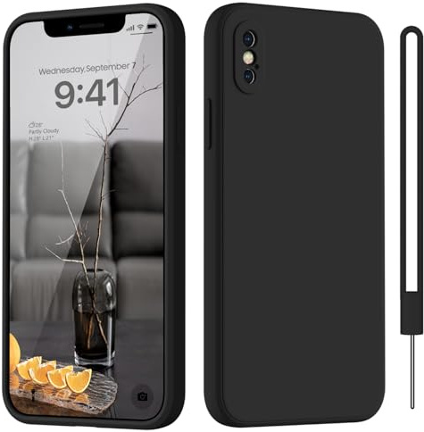 HGH für iPhone X/XS Hülle Silikon mit Lanyard, Handyhülle für iPhone X/XS Dünn Rundumschutz mit Microfiber-Innenfutter Kratzfest Schutzhülle Case 5.8 Schwarz
