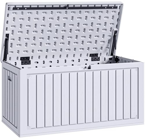 YITAHOME 303L Garden Outdoor Storage Box, HDPE Resin Deck Box with Lockable Lid & Side Handles, Waterproof Storage Bench for Patio Furniture, Cushions, Pool Gear & Garden Tools, White