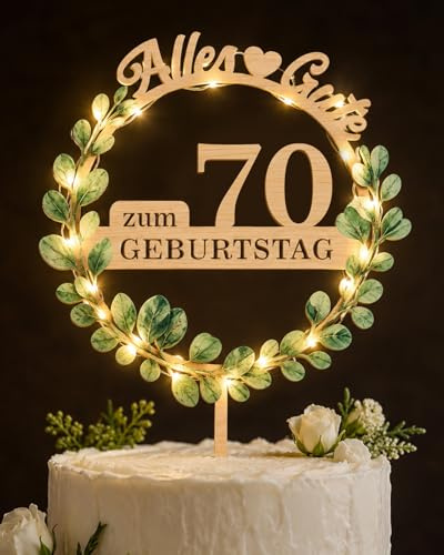 Giftota Eukalyptus Tortendeko 70 Geburtstag Deko Männer Frauen | Elegant Cake Topper 70 Geburtstag aus Holz Eukalyptus Deko Torte mit LED Lichterkette - Tortendeko 70 Jahr