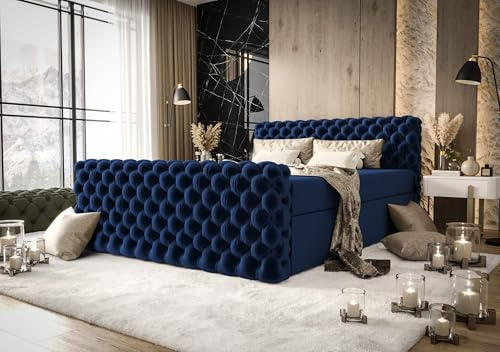 B&B HOME Boxspringbett Figo IV im Chesterfield-Stil, mit Zwei Bettkästen, Multipocket-Matratze und Topper (Marine, 180 cm x 200 cm)