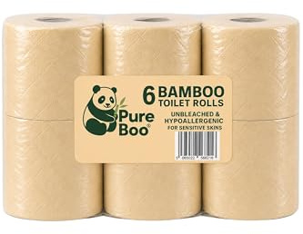 Pure Boo Unbleached Bamboo Toilet Rolls – 6 Pack | 3-Ply, 200 Sheets per Roll | 100% Bamboo Toilet Paper, Eco-Friendly, Hypoallergenic, Biodegradable | Soft, Strong & Chemical-Free