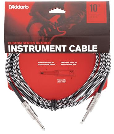 D’Addario Accessories Custom Series Braided Guitar Cable - Instrument Cable with Nickel Plated ¼ Inch Ends - Protects Guitar Cord Against Cuts, Kinking - 10 feet - Grey