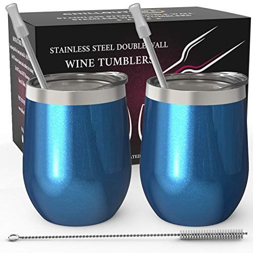 CHILLOUT LIFE Stainless Steel Wine Tumblers 2 Pack 12 oz - Double Wall Vacuum Insulated Wine Cups with Lids and Straws Set for Coffee, Wine, Cocktails (Blue Sparkle)