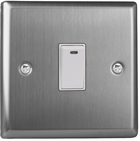 Varilight Single 20A Double Pole Switch With Neon - Classic Brushed Steel With White Rocker, XT20NW