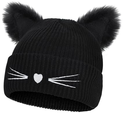 beifon Mütze Damen Katzenohren Mütze Katze Bommelmütze Wintermütze mit Katzenohren Strickmütze Warm Elastisches Beanie Mütze Herbstmütze Winterhüte für Frauen Mädchen Damen Winter