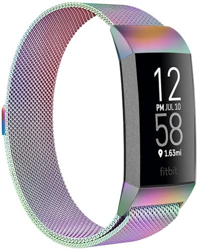 ZWGKKYGYH Kompatibel mit Fitbit Charge 3 und Fitbit Charge 4 Bands für Damen und Herren, Edelstahl-Mesh-Metallband, magnetisches Ersatzzubehör, Armband, bunt, klein