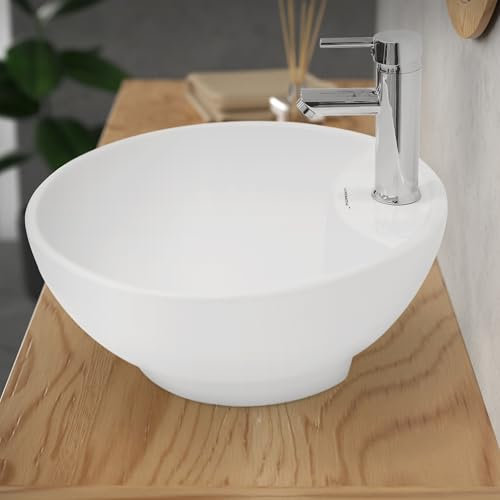ECD Germany Lavabo de Baño 455 x 185 mm Lavadero de Encimera Redondo de Cerámica Blanca Fregadero de Aseo Cascada Moderno y Elegante Sanitario Sobremesa Lavamanos Sin Juego de Drenaje