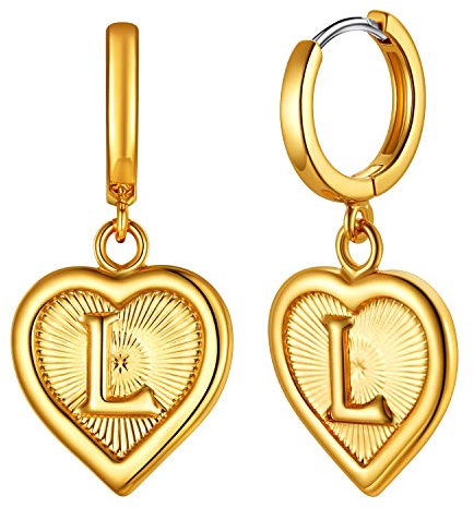 Suplight Buchstabe L Ohrringe für Damen Mädchen 18k vergoldet Huggie Creolen 13mm mit Herz Anhänger Initiale Alphabet Ohrringe Retrostil Anfangsbuchstaben Ohrschmuck Accessoire