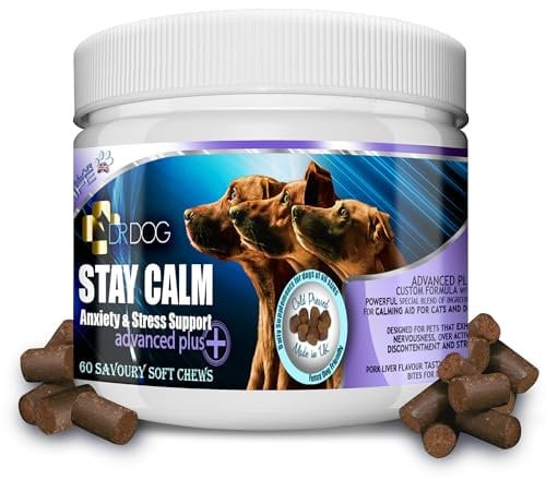 Dr Dog Stay Calm Anxiety Calming Supplement for Dogs – 60 Natural Soft Chew Tasty Treats - Stress Nervous Hyperactivity Relief Vet Grade Aid – Fussy Pet Friendly - Made in UK