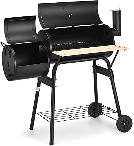 COSTWAY Charcoal BBQ Grill, Garden Barbecue Trolley with Wheels, Shelves and Thermometer, Outdoor Smoker Griller for Camping Picnic Party (Round Charcoal BBQ Grill)