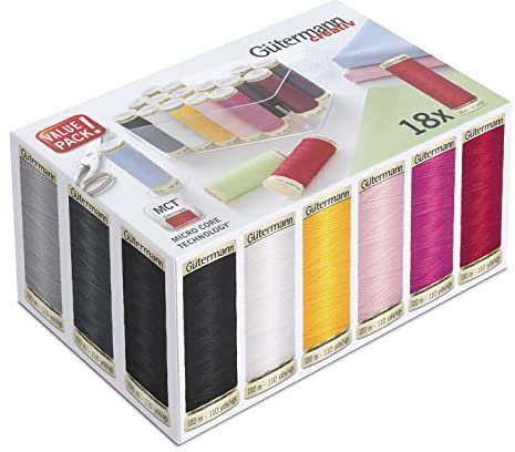 Gütermann creativ Nähfadenbox mit 18 Spulen Allesnäher 100 m in einer transparenten Aufbewahrungsbox