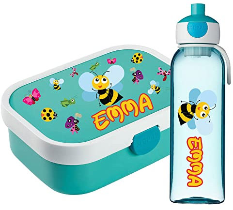 Ferocity Lunchbox Set für Kinder Jungen zur Schule Personalisiert mit Namen Brotdose Wasserflasche Trinkflasche BPA frei Essen für Unterwegs mit Gabel und Bento Fach to Go Bee [153]