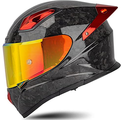 Motorrad-Carbonfaser-Helm DOT/ECE-zugelassener Dual-Visier-Klapp-Integralhelm für Erwachsene, Männer, Frauen, Straßenrad, Motocross-Rennhelm,Rot,XXL