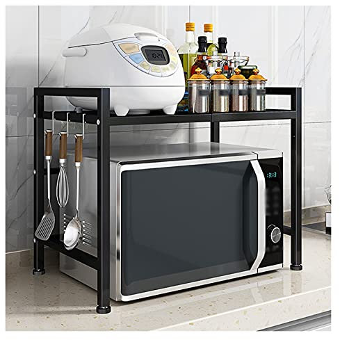 Microwave Oven Rack Shelf 2 Tier Extendable Microwave Oven Rack Heavy Duty Microwave Stand Shelf Free Standing Kitchen Countertop Organiser Rack with Hooks Microwave Stand