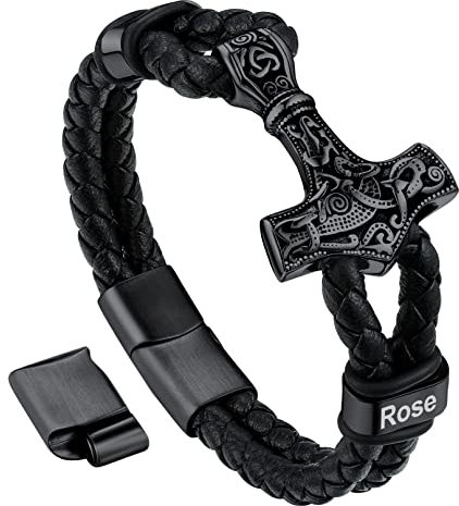 Bandmax Custom Engraved Mens Bracelet Celtic Rune Thor Hammer Charm Bracelets Black Leather Knot Mjolnir Bracelets for Boys Genuine Leather Viking Hammer Bracelets