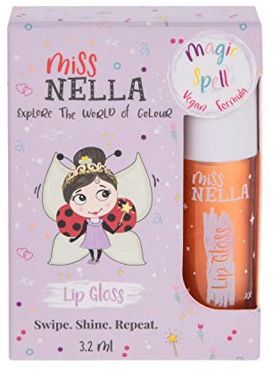 Miss Nella Magic Spell Lipgloss, feuchtigkeitsspendender Kinder-Lipgloss, Pfirsich, sanft zur Haut. Gibt einen Hauch von Farbe, mit extra Glanz.