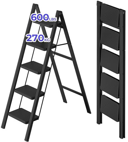 JOISCOPE 5 Stufen Klappleiter, Trittleiter, Leiter, rutschfeste Gummimatten, Verbreiterten rutschfest Stufe, bis 270KG Belastbar, aus Stahl, Stufenleiter für Haushalt, Büro, Schwarz