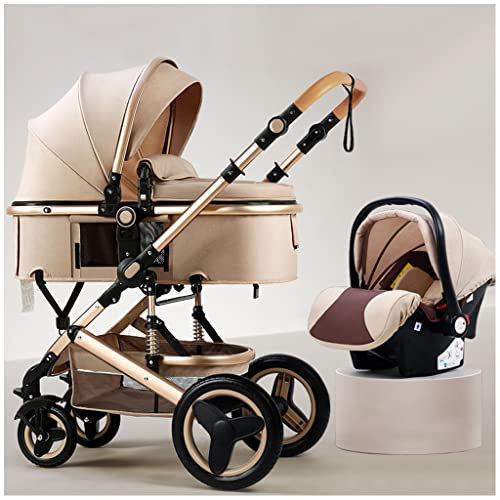 Baby Pram Stroller Carriage Reversible Bassinet for Newborn, 3 in 1 High View Baby Stroller Pushchair for Toddler & Infant, Baby Strollers with Mosquito Net, Foot Cover (Color : Khaki B)