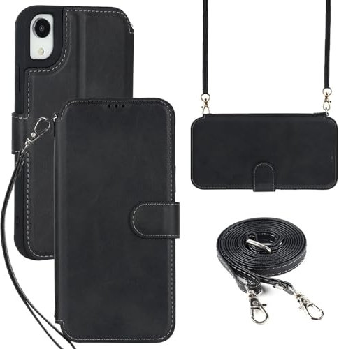 Coque pour iPhone XR avec Cordon Colier - Etui iPhone XR Portefeuille avec Porte Carte - Housse en Cuir, Etui à Rabat, Pochette de Portefeuille - Étui pour iPhone XR - Noir