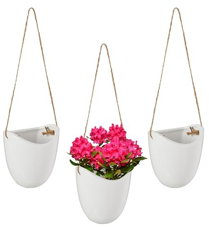 Relaxdays Wandvase 3er Set, Hängetopf innen, mit Schnur zum Aufhängen, Blumenampel, für Pflanzen & Blumen, Keramik, weiß, Pflanzenfaser