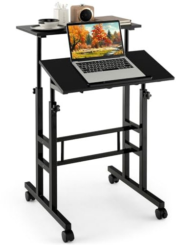 LIFEZEAL Escritorio de pie con Ruedas, Mesa móvil de Ordenador de Altura Ajustable, Estación de Trabajo de Pie con Bandeja para Oficina, Dormitorio y salón, 60 x 55 x (72-124) CM (Negro)