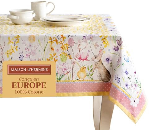 Maison d' Hermine Tischdecke, 100% Baumwolle 140cm x 180cm waschbare, quadratische Tischdecke, dekorative Tischdecke für Muttertagsgeschenke, Buffetpartys und Camping, Easter Zest – Frühling/Sommer