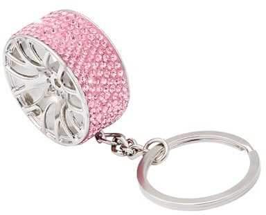 Bittwee Bling Auto Reifen Rad Schlüsselanhänger, Mini Reinestone Kristall Felge Schlüsselanhänger für Damen und Herren, universelle Passform, Pink, Small